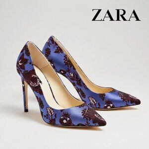 ZARA Blue Floral Brocade Stiletto Pumps 6.5 Pointed Toe Bohemian Luxe Heels